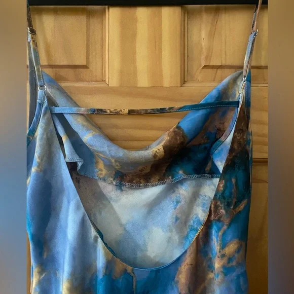 Micas Marble Print Satin Slip Dress Blue Brown Cowl Neck Midi Size M - Picture 5 of 13